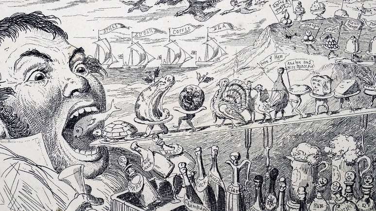 Caricatura brit&acirc;nica do s&eacute;culo 19 mostra como um banquete de Natal pode sair do controle