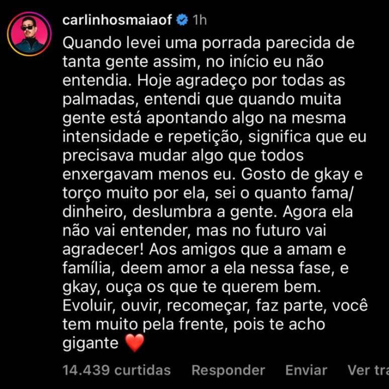 Carlinhos Maia comenta pol&ecirc;mica da amiga Gkay em Instagram