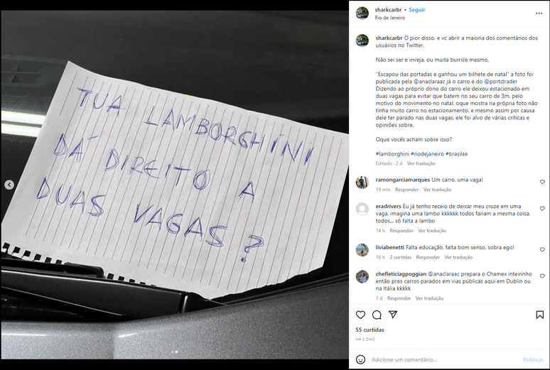 Instagram de Ana Clara: foto ampliada do bilhete deixado no carro