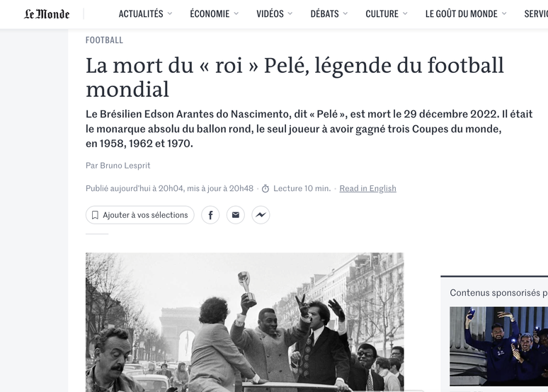 Notícia no jornal francês Le Monde sobre a morte de Pelé