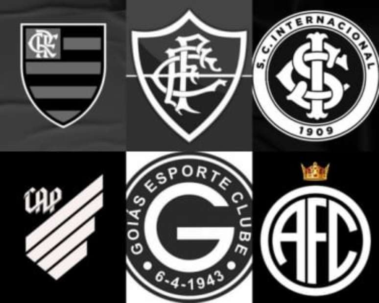 Dupla Fla-Flu, Inter, Athletico, Goiás e América-RJ com escudos em preto e branco (Montagem: LANCE!)