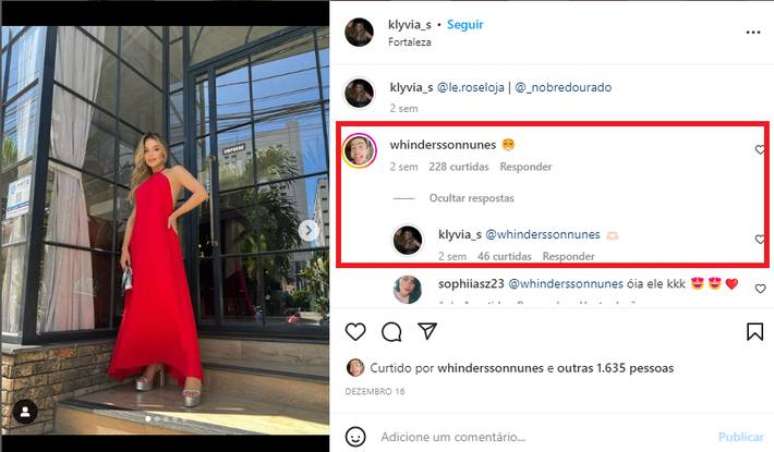 Whindersson comentou em foto da modelo no Instagram