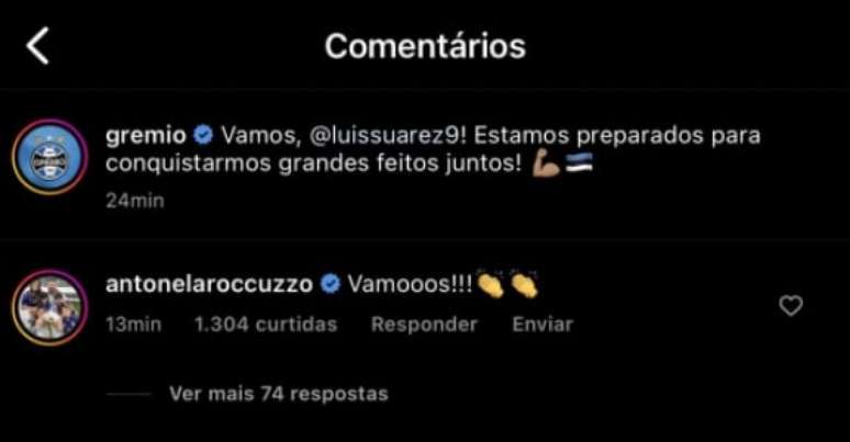 Comentário de Antonella na publicação do Grêmio (Reprodução/Instagram)