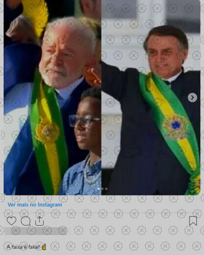 Imagem compara as faixas presidenciais usadas por Lula e Bolsonaro para sugerir de maneira enganosa que o petista recebeu um símbolo falso