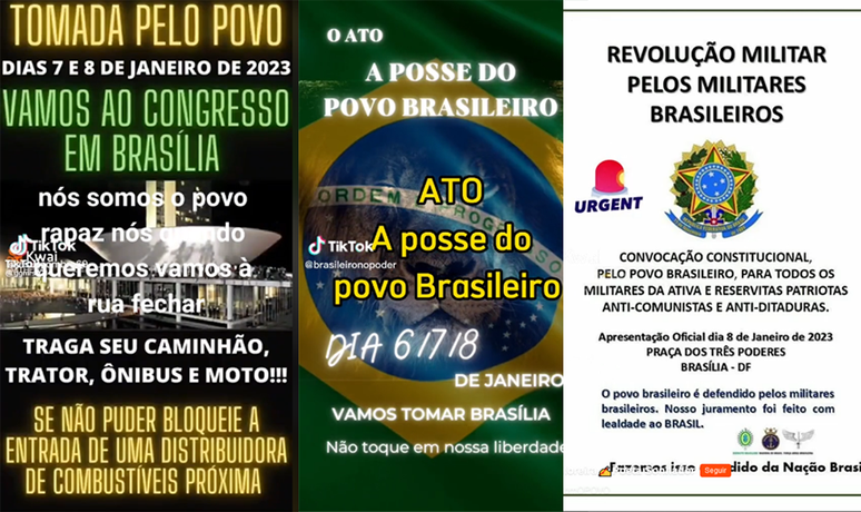 Print mostra três exemplos de vídeos publicados que convidavam usuários para “tomar o poder” no dia 8 de janeiro