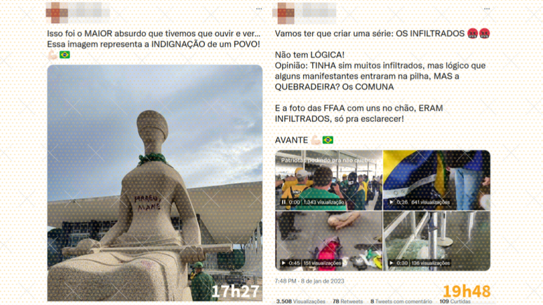 Comparação mostra contradição de usuária que disse que a depredação da escultura do STF seria uma “representação da indignação de um povo” mas depois publicou tweets denunciando a existência de infiltrados da esquerda