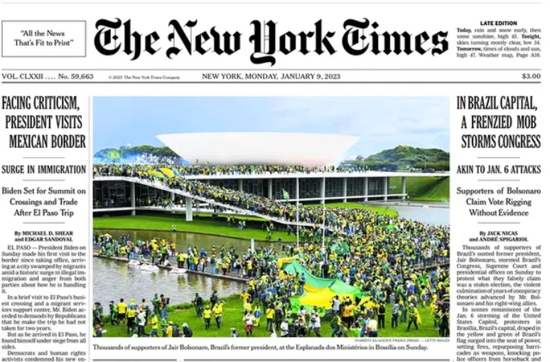 Capa do jornal The New York Times nesta segunda-feira (9)