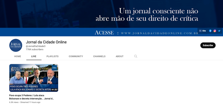 Reprodução de tela do canal do Jornal da Cidade Online no Youtube