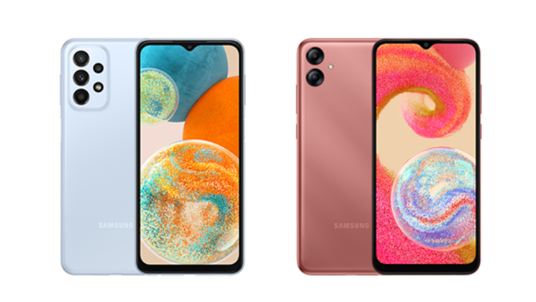 Celulares Galaxy A23 5G (azul) e Galaxy A04e da fabricante sul-coreana (Divulgação: Samsung)