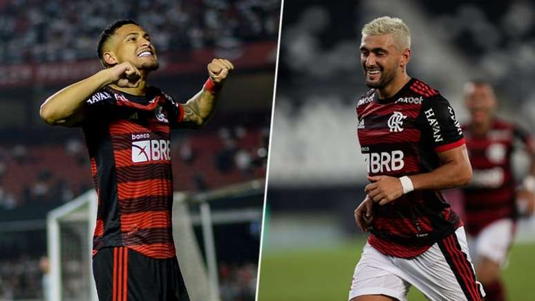 João Gomes e Arrascaeta brincaram nas redes sociais: (Fotos: Gilvan de Souza/Flamengo; Marcelo Cortes / Flamengo)