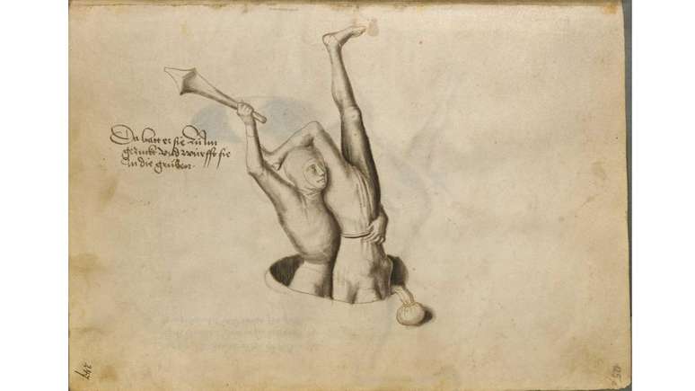 Em uma luta dram&aacute;tica entre um homem e uma mulher, Talhoffer mostra a mulher sendo lan&ccedil;ada em um buraco de cabe&ccedil;a para baixo