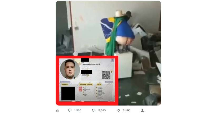 imagem reproduz tuíte em que foto de funcionário do BB, com dados pessoas, é vinculada a homem que aparece em pose de defecar em sala do Supremo