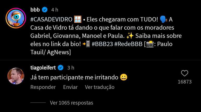 No Instagram, Tiago Leifert deu opinião sobre participantes da 'Casa de Vidro' do 'BBB23'