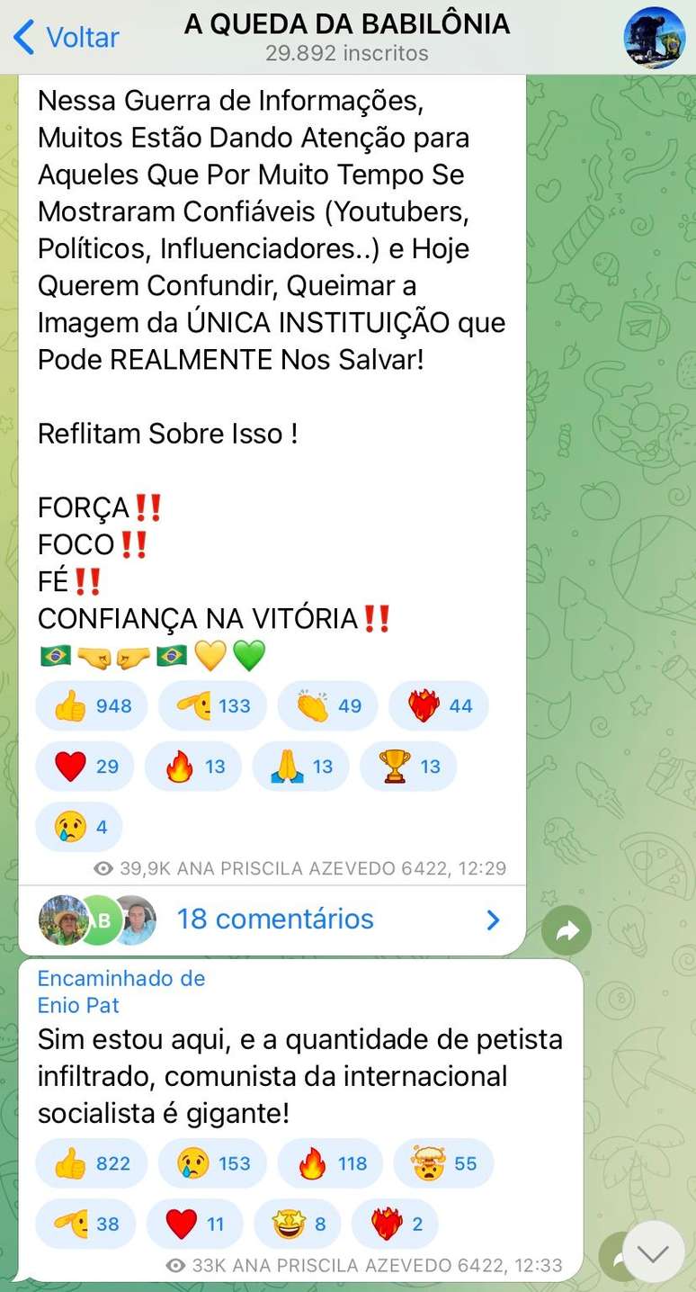 Reprodução de publicação no Telegram