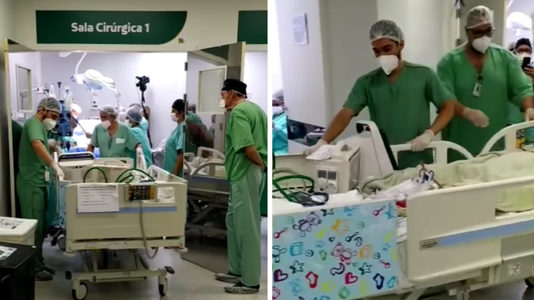 Momento em que as irmãs Valentina e Heloá Prado deixam o centro cirúrgico do Hecad, em Goiânia