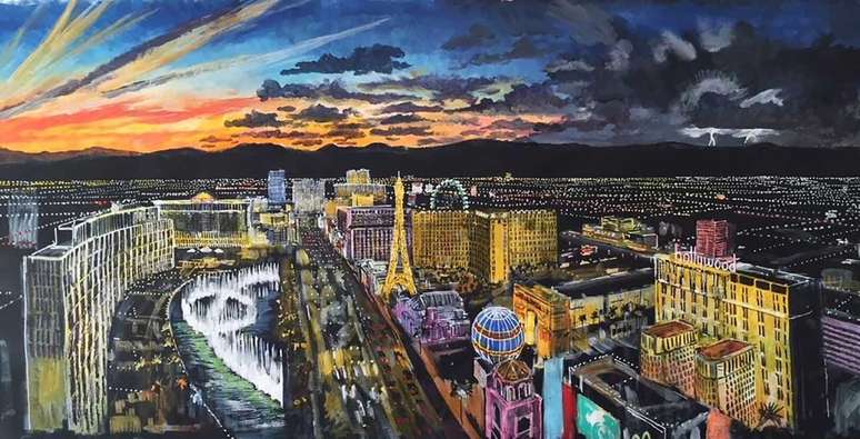 Downes pintou de cabeça este quadro de Las Vegas, nos EUA