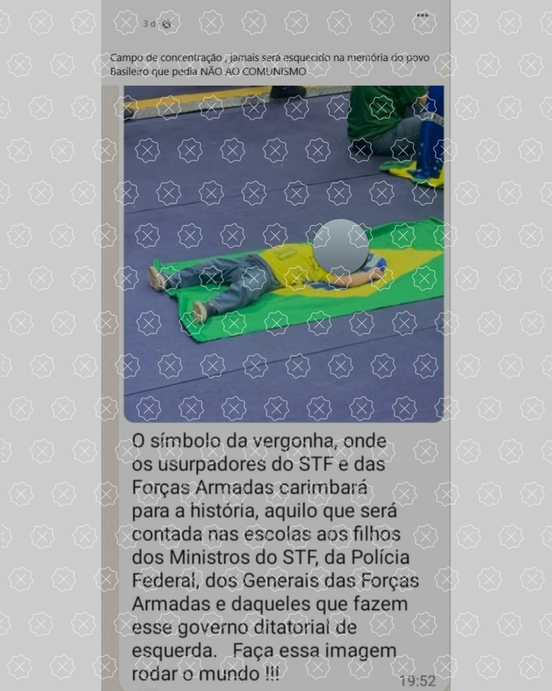 Reprodução de post que usa foto de julho de 2022 para dizer que menino deitado em bandeira estava entre detidos por atos golpistas