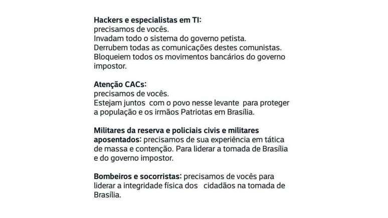 Mensagem que circulou em redes sociais bolsonaristas convocou CACs para participar de atos contra a eleição de Lula