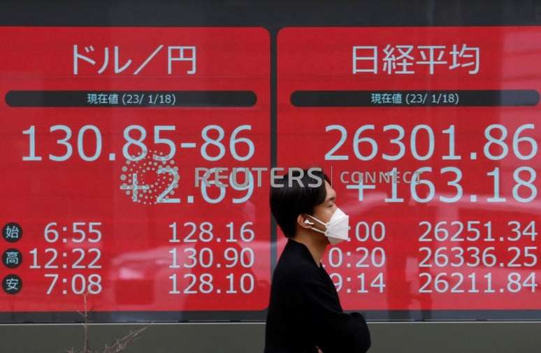 Telão com informações sobre o índice Nikkei e o iene em corretora de Tóquio
18/01/2023. REUTERS/Issei Kato