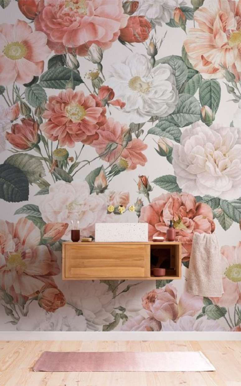 60. Papel de parede de flores para banheiro moderno &ndash; Foto Hovia