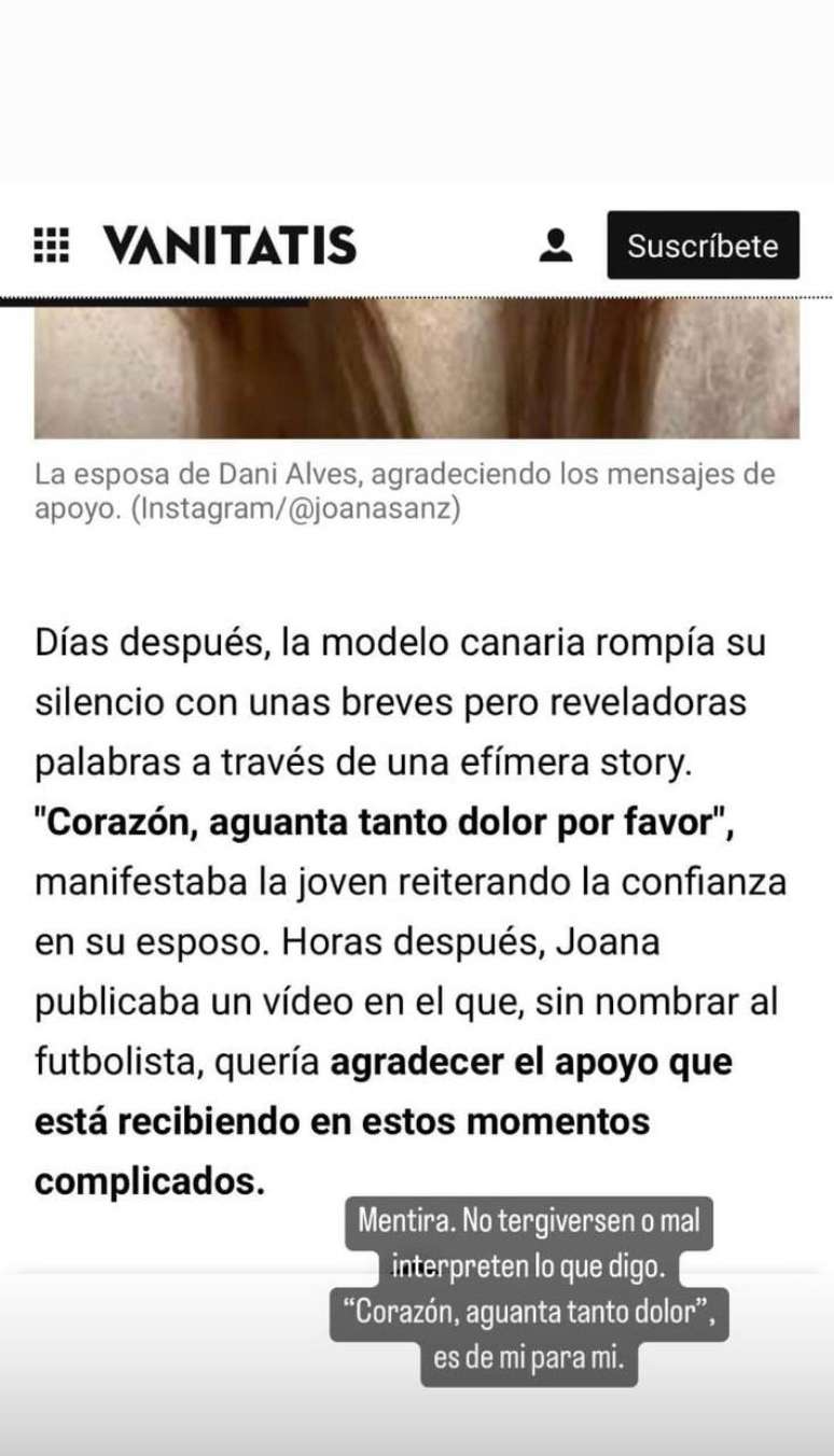 Publicação da mulher de Daniel Alves nesta terça-feira, desmentindo que teria defendido o jogador.