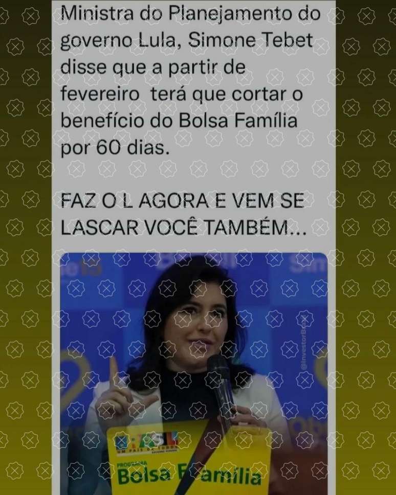 Posts enganam ao dizer que Tebet anunciou que Bolsa-Família será cortado por 60 dias, o que é falso