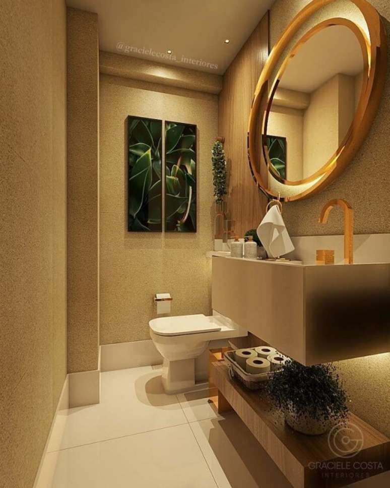 30. Lavabo moderno bege com torneira dourada &ndash; Foto Graciele Costa