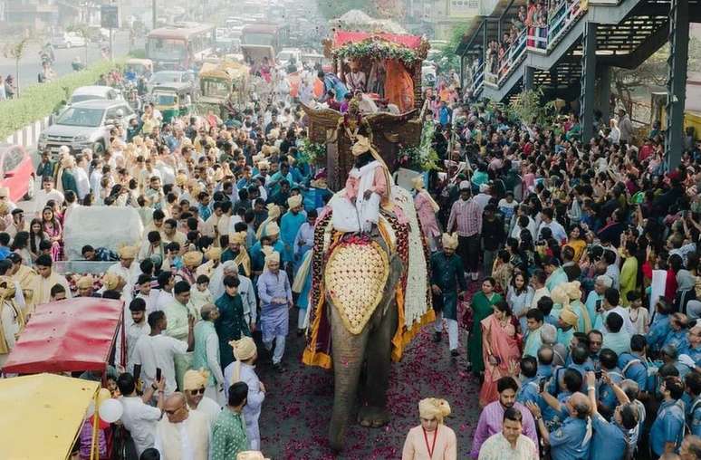 Devanshi e sua família sentaram-se em uma carruagem puxada por um elefante, enquanto a multidão os regava com pétalas de rosa