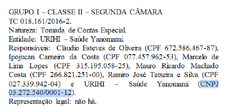 Trecho da decisão do TCU não mostra a Urihi -- Associação Yanomami ou Júnior Yanomami