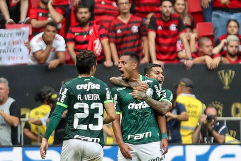 Raphael Veiga of Palmeiras and Gabriel Menino of Palmeiras look