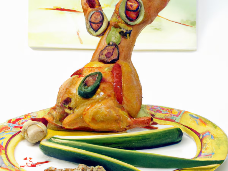 Imagem de frango com quiabo atribu&iacute;vel a Salvador Dali, segundo o sistema de intelig&ecirc;ncia artificial que a criou.