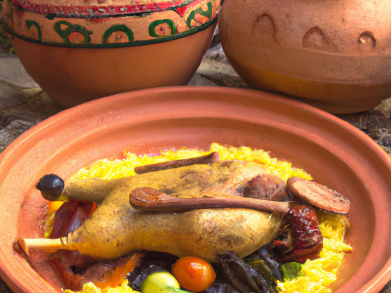 Imagem de prato marajoara com pato no tucupi criada por intelig&ecirc;ncia artificial. 