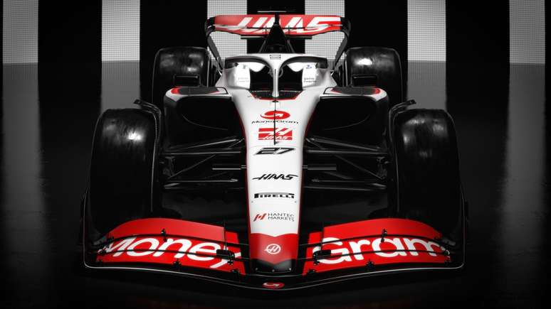 Visão frontal do VF-23, novo carro da Haas para a temporada 2023 da F1 