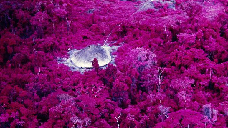 Maloca próxima à missão católica do rio Catrimani em fotografia feita com filme infravermelho em 1976