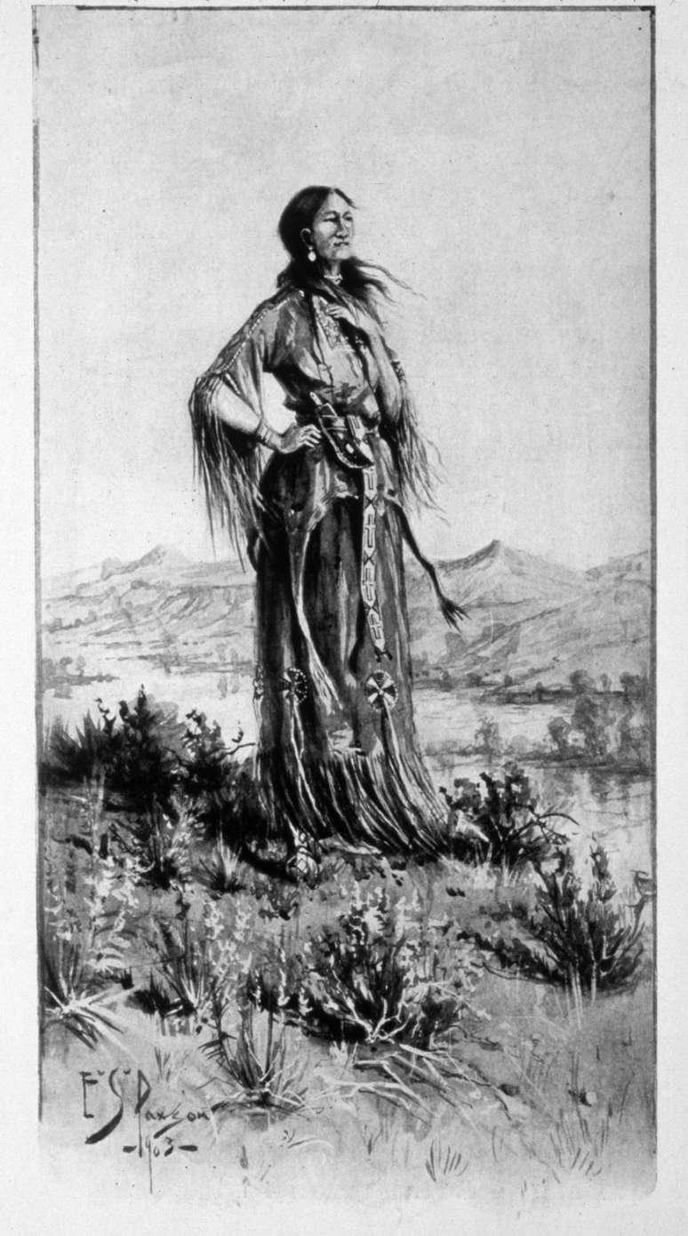 Ilustra&ccedil;&atilde;o de Sacagawea, membro da tribo dos shoshones que ajudou os exploradores Meriwether Lewis e William Clark em sua expedi&ccedil;&atilde;o pelo oeste dos Estados Unidos, entre 1804 e 1806.