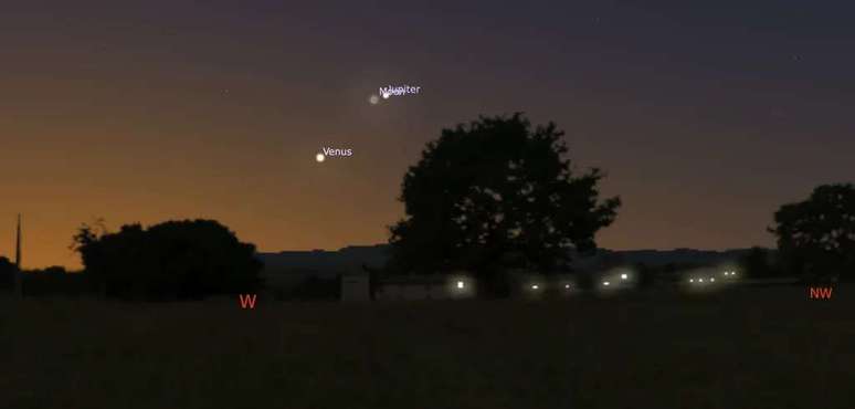 Around 19:15 it will be possible to find Venus and Jupiter near the Moon (Image: Screenshot/Stellarium)