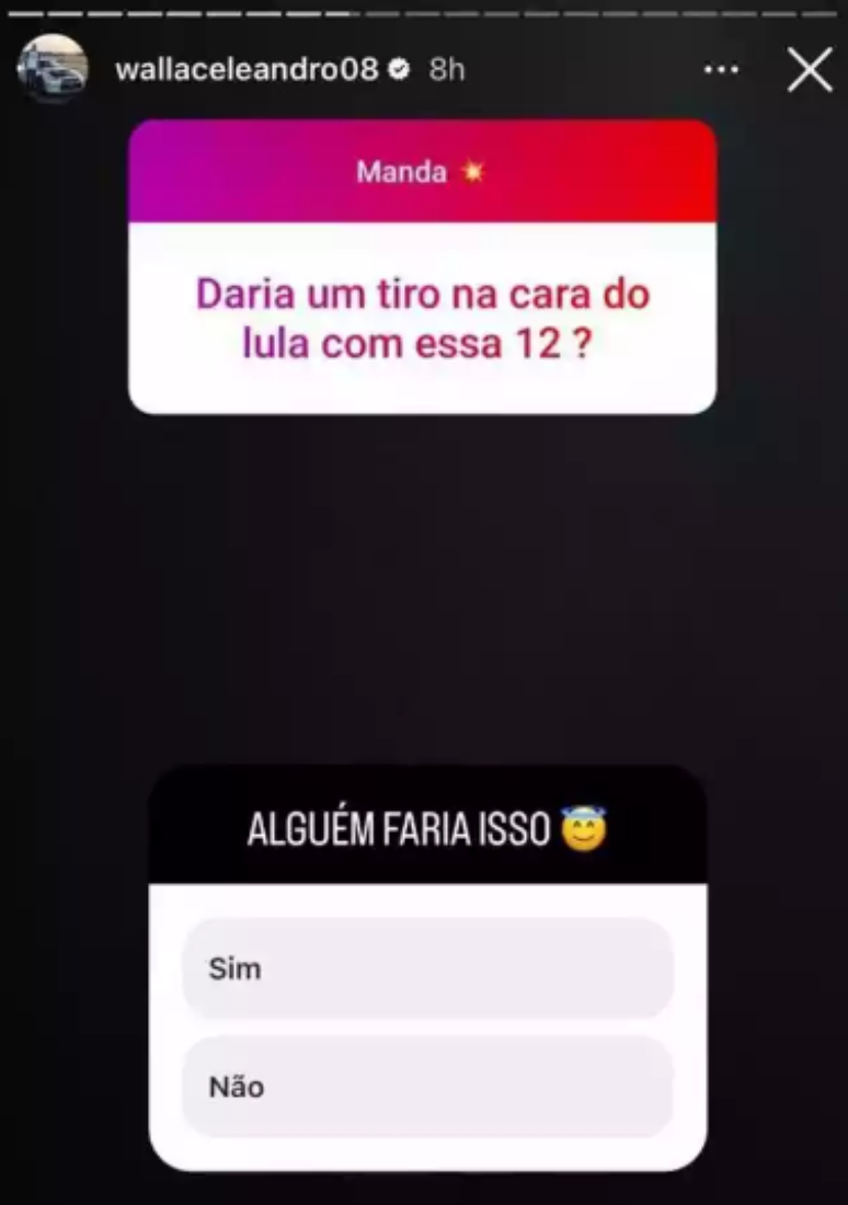 Storie de Wallace com a enquete sobre "tiro na cara de Lula" (Foto: Reprodução)