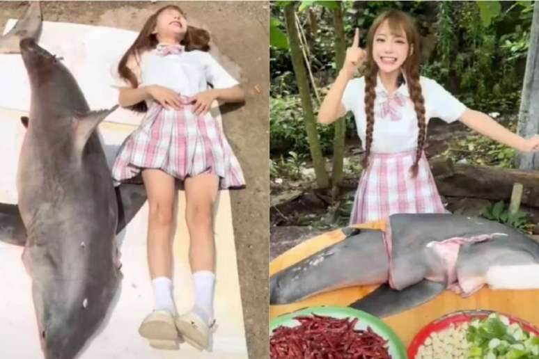 Influenciadora publicou vídeo em que compra, cozinha e come tubarão-branco