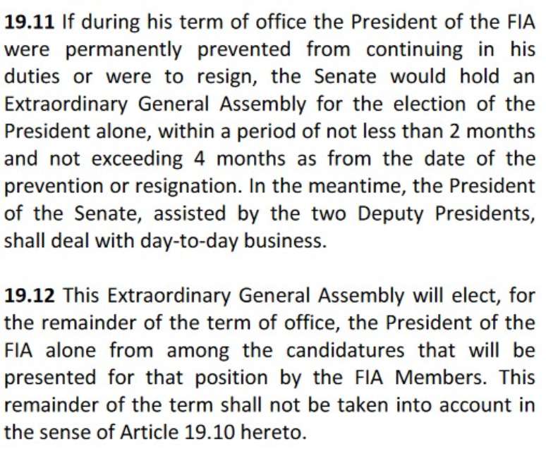 Artigo 19.11 do Estatuto da FIA que prevê uma substituição da Presidencia e como deve ser feito o processo...