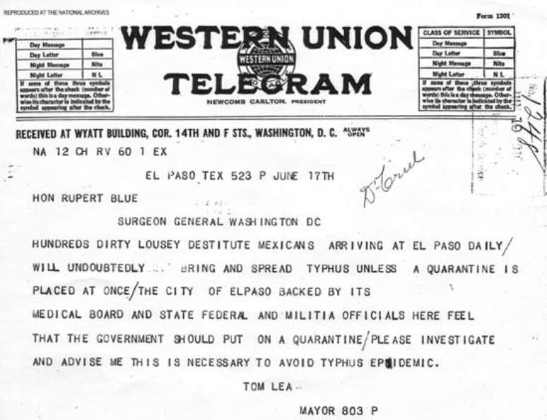 Este é o telegrama em que Lea pedia às autoridades sanitárias de Washington que impusessem uma quarentena aos mexicanos que entrassem no país.