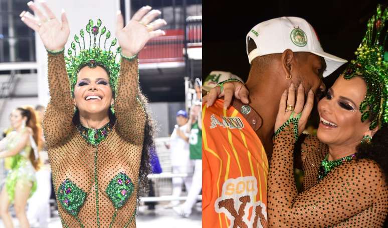 Viviane Araujo brilhou em ensaio de Carnaval e recebeu carinho do marido na concentração.