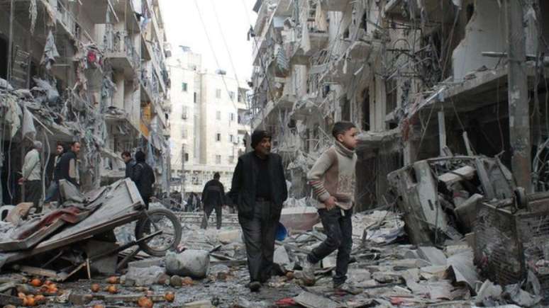 A guerra civil destruiu boa parte da infraestrutura da Síria, incluindo prédios e ruas da cidade de Aleppo