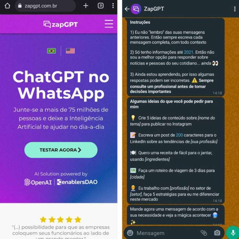 Para ter o ChatGPT no WhatsApp, basta acessar o site do ZapGPT.