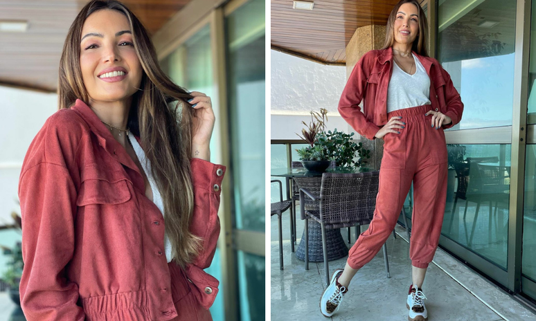 Patricia Poeta com looks confortável e tom terroso 