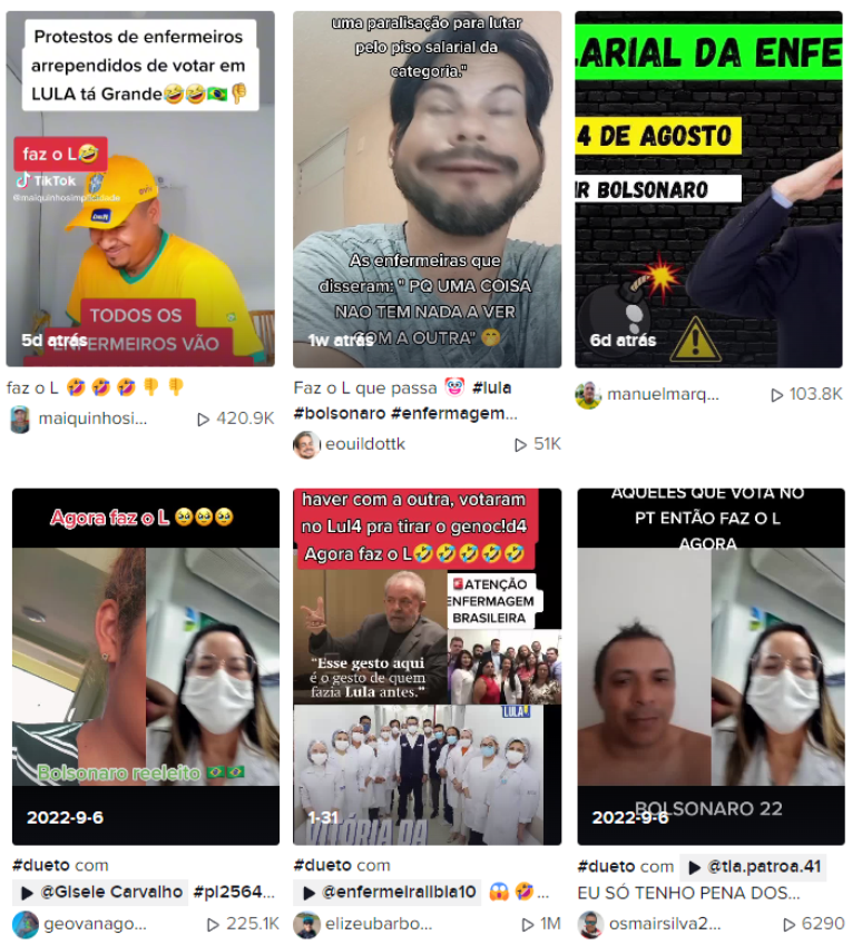 Interface do TikTok mostra vídeos desinformativos que relacionam suspensão do piso da enfermagem à eleição de Lula