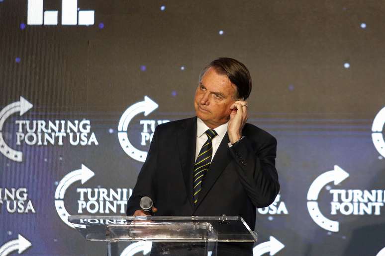 O ex-presidente Jair Bolsonaro em evento político na Flórida, nos Estados Unidos