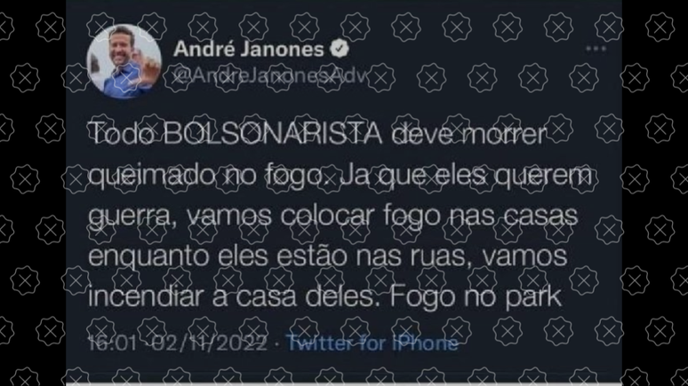 Print mostra tweet falso de Janones com o texto &lsquo;todo bolsonarista deve morrer queimado no fogo&rsquo;