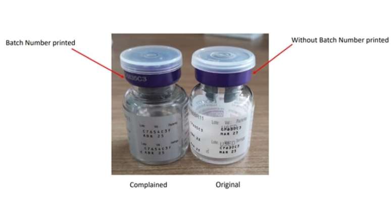 Na embalagem original não há impressão do número do lote na tampa do frasco-ampola como há na embalagem do produto falsificado. Foto: Anvisa/Divulgação