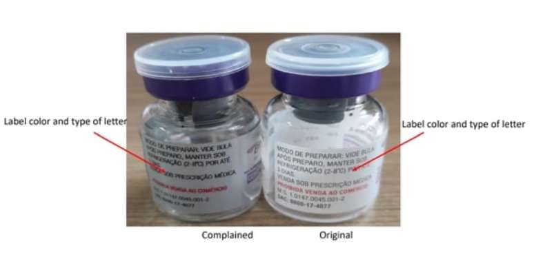 A cor do rótulo e o tipo da letra utilizados na embalagem primária (o frasco-ampola) difere do produto original para o falsificado. Foto: Anvisa/Divulgação