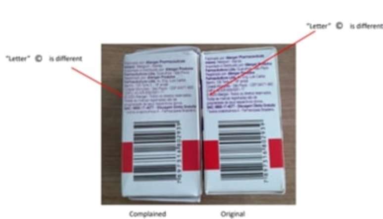 A “letra c” em uma parte da embalagem secundária é diferente no produto falsificado. Foto: Anvisa/Divulgação
